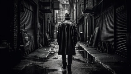 Solitude in the Spooky City One Man Lonely Walk generated by AI - obrazy, fototapety, plakaty