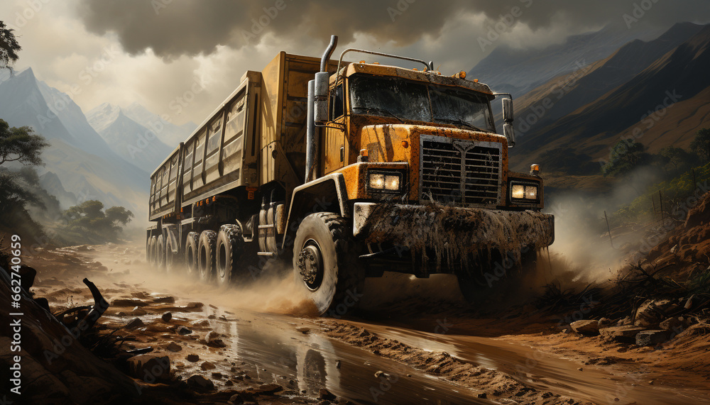 Wall mural truck delivering freight, driving on dirt road in mountain landscape generated by ai