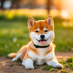 A super cute baby  Shiba Inu lying on the ground of the park