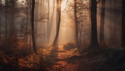 Mysterious autumn forest with spooky beauty in nature and fog generated by AI
