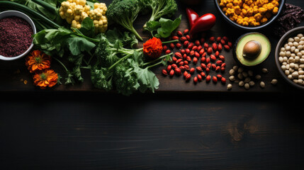 Naklejka na ściany i meble Raw organic vegetables with fresh ingredients for healthily cooking on vintage background, top view, banner. Vegan or diet food concept. Background layout with free text space.
