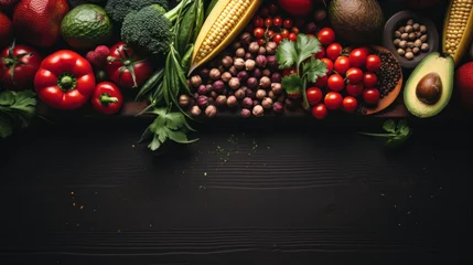 Gordijnen Raw organic vegetables with fresh ingredients for healthily cooking on vintage background, top view, banner. Vegan or diet food concept. Background layout with free text space. © darkhairedblond