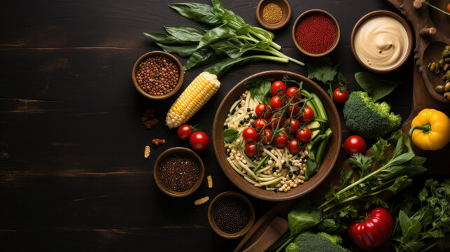 Raw organic vegetables with fresh ingredients for healthily cooking on vintage background, top view, banner. Vegan or diet food concept. Background layout with free text space.