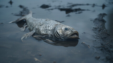 Fototapeta premium Beneath the Surface of Desolation: Fish's Fight for Survival, Generative AI