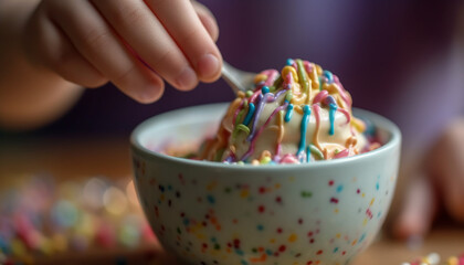 Cute girl holding homemade ice cream, enjoying sweet refreshment indoors generated by AI