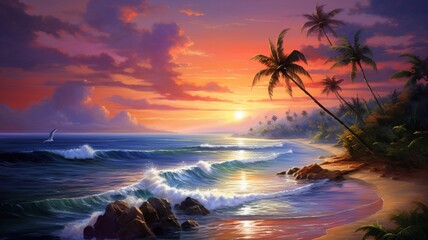 Beautiful sunset painting beach birds flying painting wallpaper image Ai generated art - obrazy, fototapety, plakaty