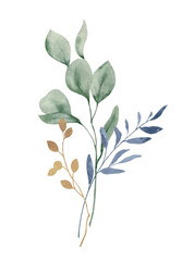 Watercolor vector dusty blue flower bouquet, delicate clipart with the image of twigs. Decor for stationary, wedding invitation, date saving, printable. Hand painted illustration.