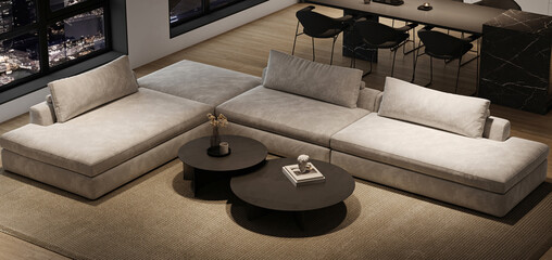 Modern minimalism interior livingroom with large modular sofa, night city view and marble kitchen island. 3d rendering. High quality 3d illustration