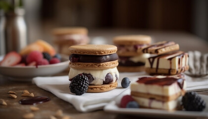 Homemade gourmet dessert Fresh berry and chocolate oatmeal cookie stack generated by AI