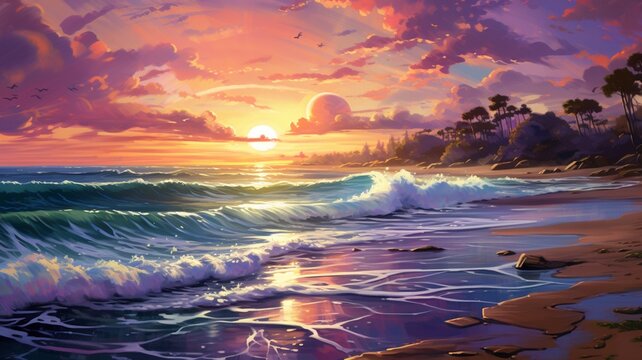 Beautiful sunset painting beach birds flying painting wallpaper picture Ai generated art