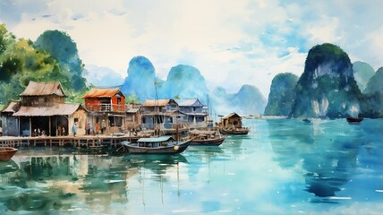 Beautiful vietnam watercolor landscape oil painting picture Ai generated art