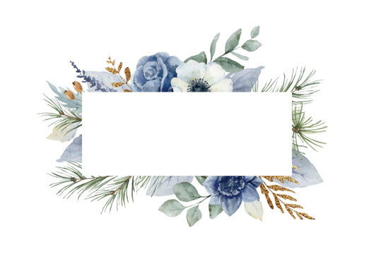 Watercolor vector dusty blue and golden floral frame, delicate clipart with flowers and leaves. Perfect for wedding invitations, date saving, printing, home decor. A hand painted illustration.