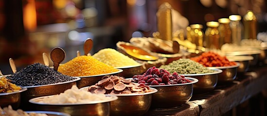 Gold souk in Dubai offering vibrant traditional spices at the colorful spice bazaar With copyspace for text - obrazy, fototapety, plakaty