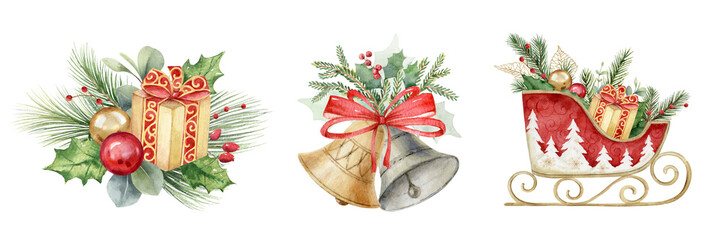 Watercolor set of clipart with Christmas arrangement clipart, sledges, bells, gifts. Festive...