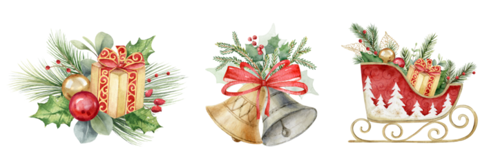 Watercolor set of clipart with Christmas arrangement clipart, sledges, bells, gifts. Festive illustrations for greeting cards and invitations. Hand drawn illustration.