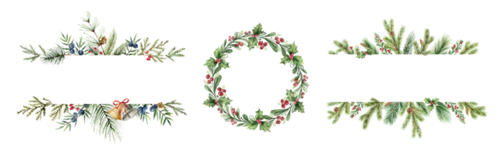 Christmas fir branches frame set. Xmas border, round frame, holiday template for greeting card and invitation. Watercolor hand painted  illustration.