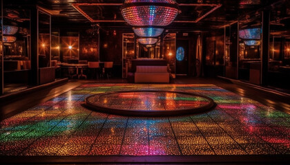 Obraz premium Vibrant nightclub with modern design, illuminated by multi colored lighting equipment generated by AI