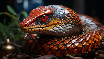 Fototapeta premium Snake in nature, reptile eye, endangered species, tropical rainforest, spooky portrait generated by AI