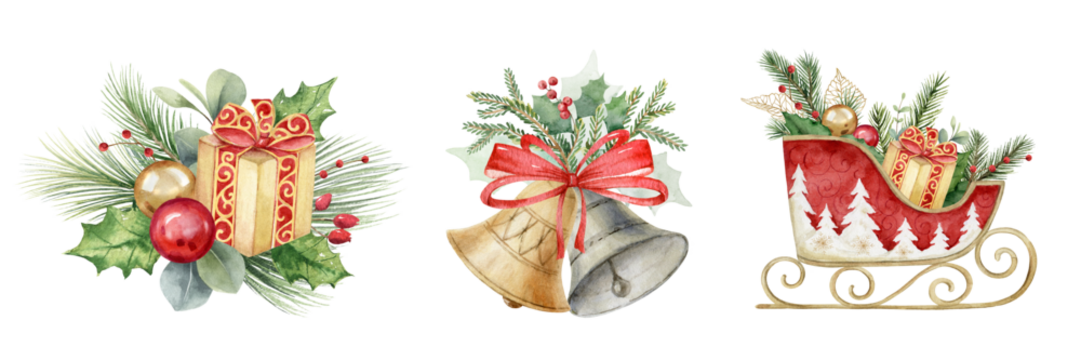 Watercolor set of clipart with Christmas arrangement clipart, sledges, bells, gifts. Festive illustrations for greeting cards and invitations. Hand drawn illustration.
