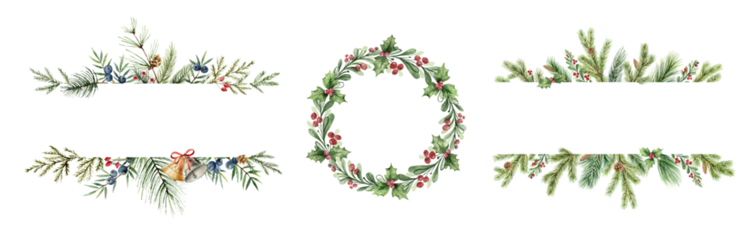 Christmas fir branches frame set. Xmas border, round frame, holiday template for greeting card and invitation. Watercolor hand painted  illustration.