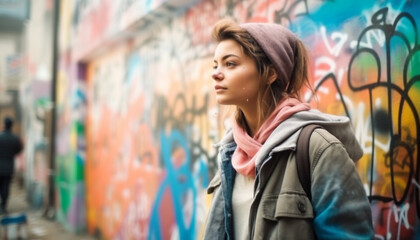 Naklejka premium Young woman in casual clothing standing in front of graffiti wall generated by AI