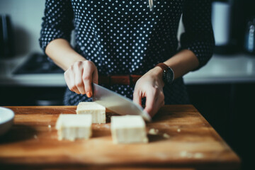 Anonymous Woman Cutting Tofu in the Kitchen - obrazy, fototapety, plakaty