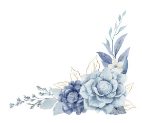 Watercolor vector dusty blue floral wreath, delicate clipart with flowers and leaves. Perfect for wedding invitations, date saving, printing, home decor. A hand-drawn illustration.