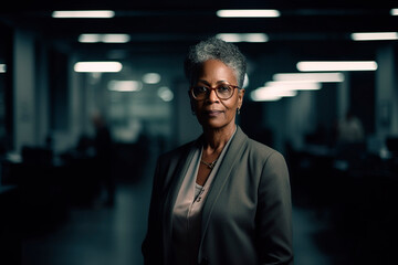 older, beautiful, black businesswoman standing alone in office