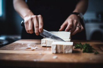 Fototapeta na wymiar Anonymous Woman Cutting Tofu in the Kitchen