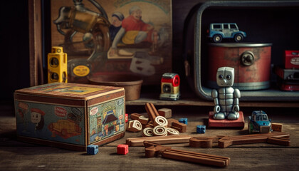Old fashioned carpentry workshop with antique tools and wooden toys generated by AI - obrazy, fototapety, plakaty