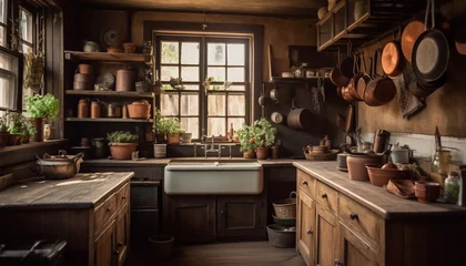 Fotobehang Modern rustic kitchen design with clean stainless steel appliances and pottery generated by AI © Stockgiu