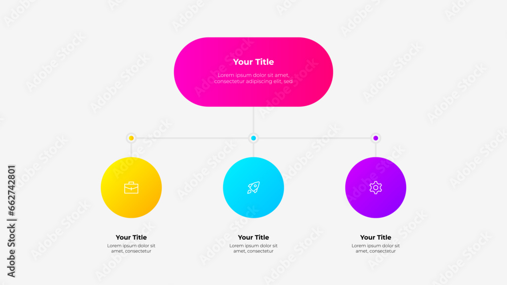 Poster Vector flowchart diagram with central rounded element and 3 small circles. Infographic template