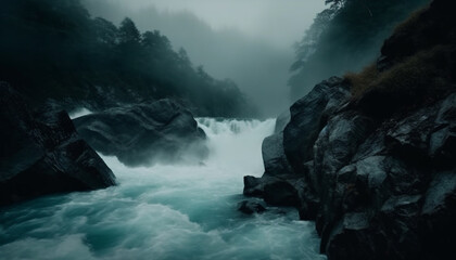 Tranquil scene of majestic mountain range, rapid flowing water, blurred motion generated by AI