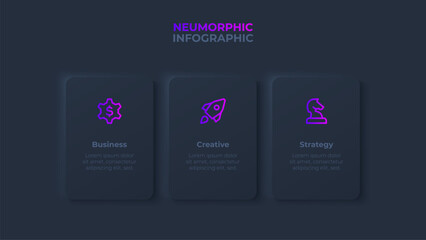 Dark neumorphic template with 3 rectangle elements. Infographic presentation