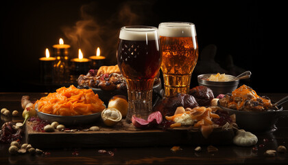 Obraz premium Freshness and heat fill the table with grilled meat and beer generated by AI