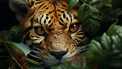 Majestic tiger hiding in the forest, staring with captivating animal eye generated by AI