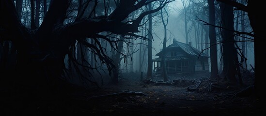 Mysterious house in dark isolated woods With copyspace for text