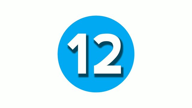 Number 12 twelve sign symbol animation motion graphics on blue circle white background,cartoon video number for video elements