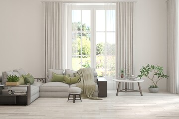 Bright interior design with modern furniture and summer landscape in window. 3D illustration