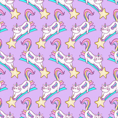 Cats on Rainbow Star Fantasy Vector Seamless Pattern