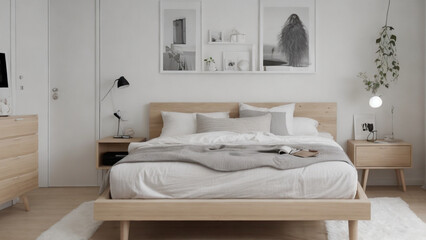 Nordic Simplicity: Modern Bedroom Design with White Bedding and Wood Elements