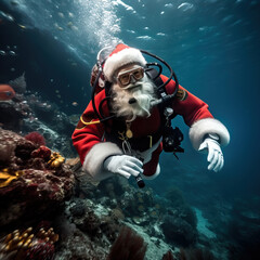 Funny Christmas scene of Santa Claus scuba diving in tropical ocean on holidays. - obrazy, fototapety, plakaty