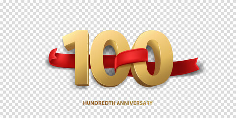 100th Year anniversary celebration background. 3D Golden number wrapped with red ribbon and confetti, isolated on transparent background. - obrazy, fototapety, plakaty
