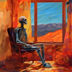 a skeleton sitting in a chair next to a window, with the sun shining through - obrazy, fototapety, plakaty