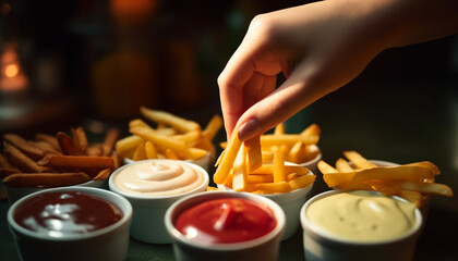Hand holding grilled beef appetizer with fries and ketchup dip generated by AI