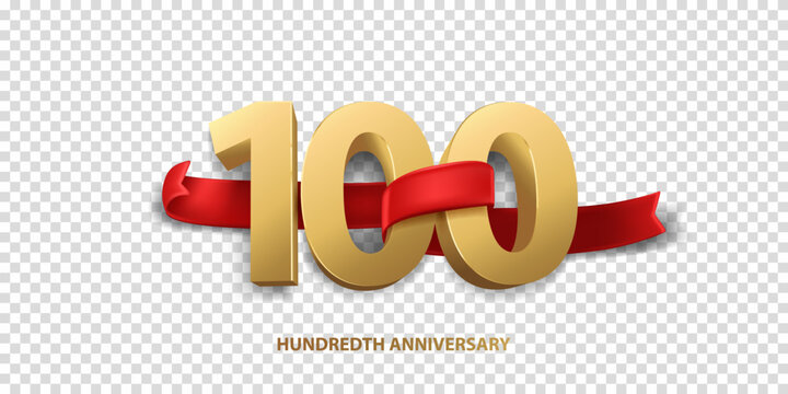 100th Year anniversary celebration background. 3D Golden number wrapped with red ribbon and confetti, isolated on transparent background.
