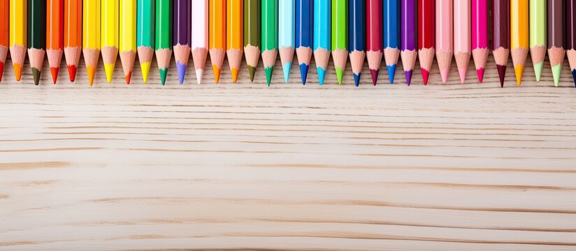 Colorful pencils placed on a wooden table highlighting a clear white paper With copyspace for text