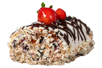 Strawberry log cake. Strawberries and cream cake on a white background. Close up