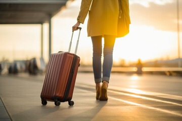 Close up of young woman with a suitcase walking at airport in background of blurred airplane. Travel concept of vacation and holiday. - obrazy, fototapety, plakaty
