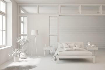 Grey lbedroom concept. Scandinavian interior design. 3D illustration